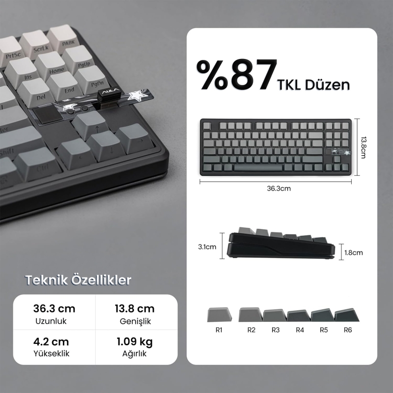 Aula F87 PRO V2 Mekanik RGB TKL GrayWood V4 Switch Kablosuz Makrolu Hot Swap Klavye Gradyan Gri - 7