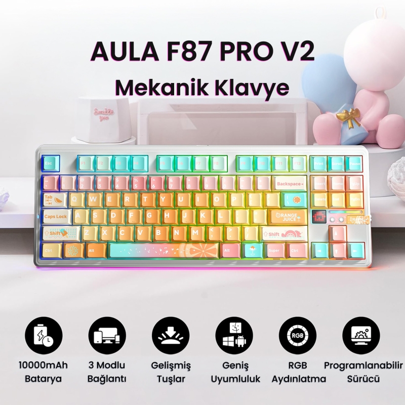 Aula F87 PRO V2 Mekanik RGB TKL Meteor Ice Cream Switch Kablosuz Makrolu Hot Swap Klavye Orange Juice - 2