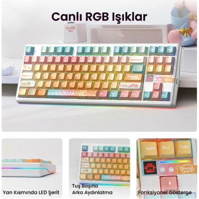 Aula F87 PRO V2 Mekanik RGB TKL Meteor Ice Cream Switch Kablosuz Makrolu Hot Swap Klavye Orange Juice - 4