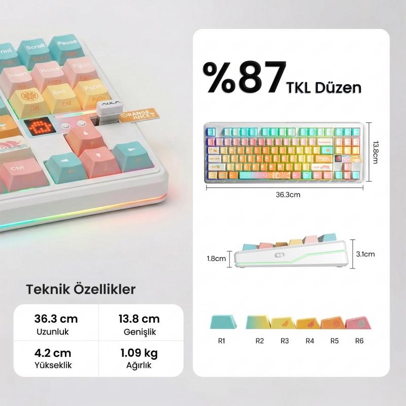 Aula F87 PRO V2 Mekanik RGB TKL Meteor Ice Cream Switch Kablosuz Makrolu Hot Swap Klavye Orange Juice - 7