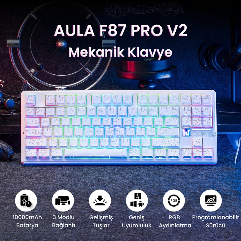 Aula F87 PRO V2 Mekanik RGB TKL Star Vector Switch Kablosuz Makrolu Hot Swap Klavye Desenli Beyaz - 2