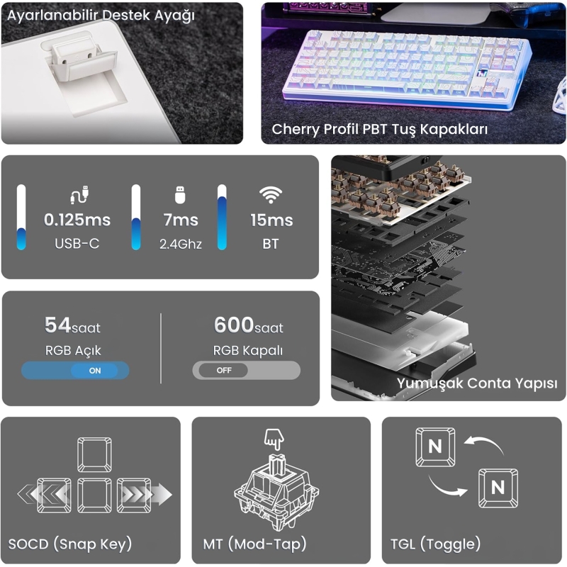 Aula F87 PRO V2 Mekanik RGB TKL Star Vector Switch Kablosuz Makrolu Hot Swap Klavye Desenli Beyaz - 3