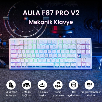 Aula F87 PRO V2 Mekanik RGB TKL Star Vector Switch Kablosuz Makrolu Hot Swap Klavye Desenli Beyaz - 2