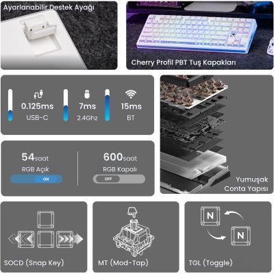 Aula F87 PRO V2 Mekanik RGB TKL Star Vector Switch Kablosuz Makrolu Hot Swap Klavye Desenli Beyaz - 3