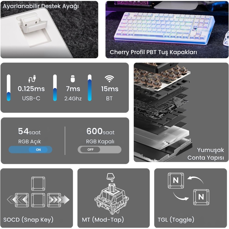 Aula F87 PRO V2 Mekanik RGB TKL Star Vector Switch Kablosuz Makrolu Hot Swap Klavye Desenli Beyaz - 3