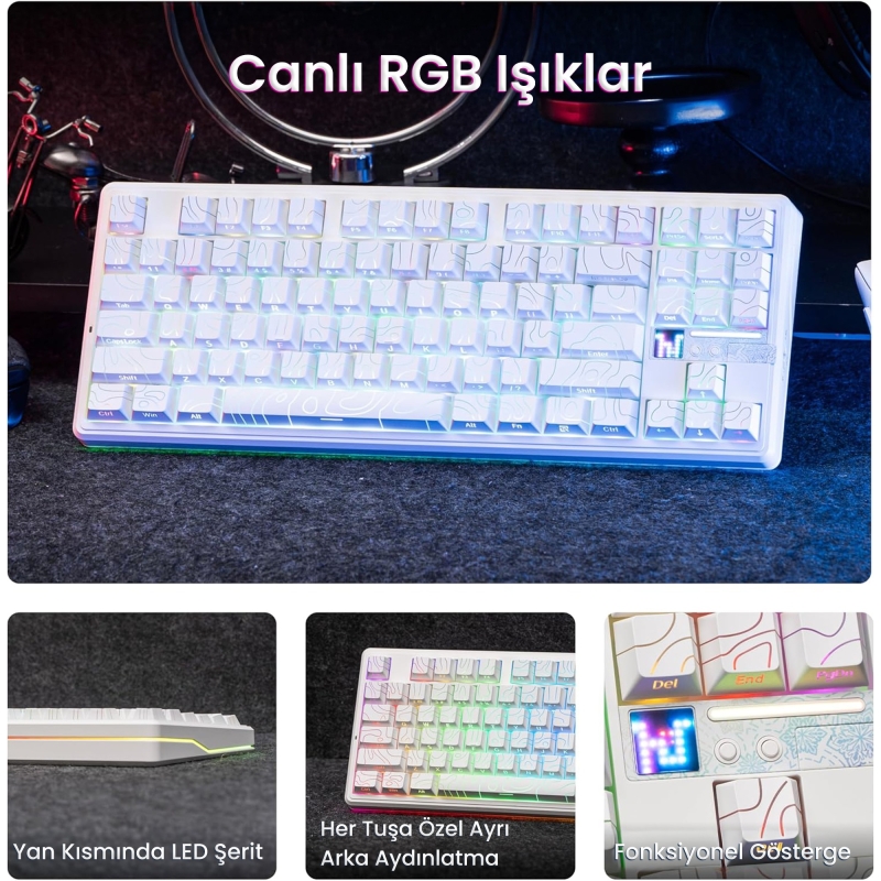 Aula F87 PRO V2 Mekanik RGB TKL Star Vector Switch Kablosuz Makrolu Hot Swap Klavye Desenli Beyaz - 4