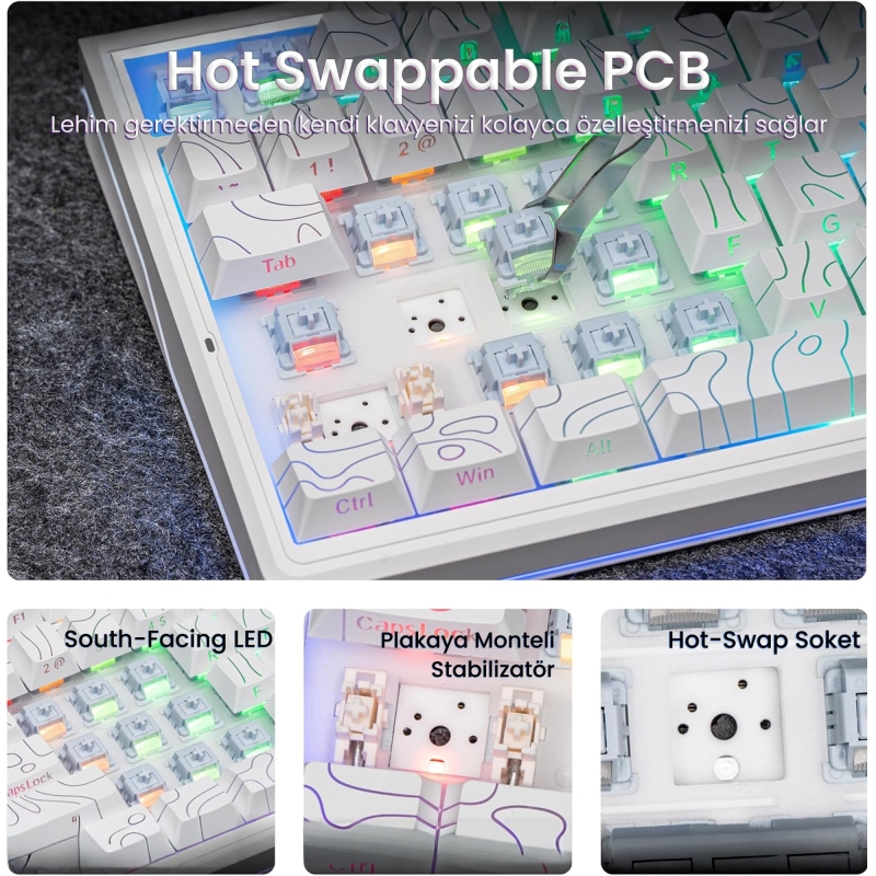 Aula F87 PRO V2 Mekanik RGB TKL Star Vector Switch Kablosuz Makrolu Hot Swap Klavye Desenli Beyaz - 5