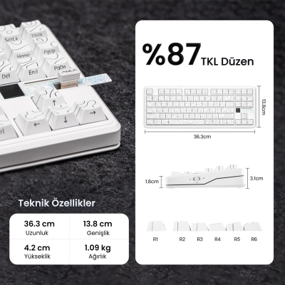 Aula F87 PRO V2 Mekanik RGB TKL Star Vector Switch Kablosuz Makrolu Hot Swap Klavye Desenli Beyaz - 7