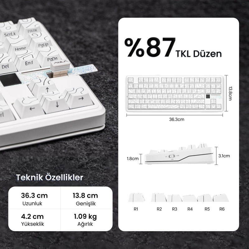 Aula F87 PRO V2 Mekanik RGB TKL Star Vector Switch Kablosuz Makrolu Hot Swap Klavye Desenli Beyaz - 7