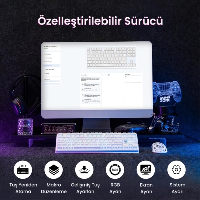 Aula F87 PRO V2 Mekanik RGB TKL Star Vector Switch Kablosuz Makrolu Hot Swap Klavye Desenli Beyaz - 8