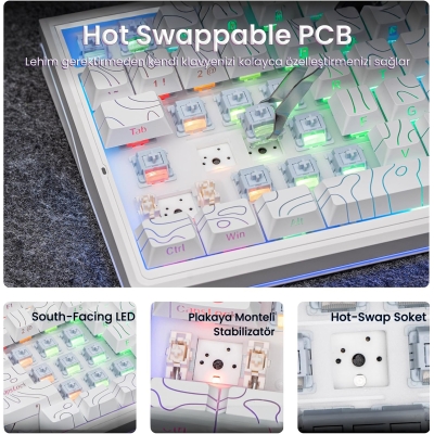 Aula F87 PRO V2 Mekanik RGB TKL Star Vector Switch Kablosuz Makrolu Hot Swap Klavye Desenli Beyaz - 5