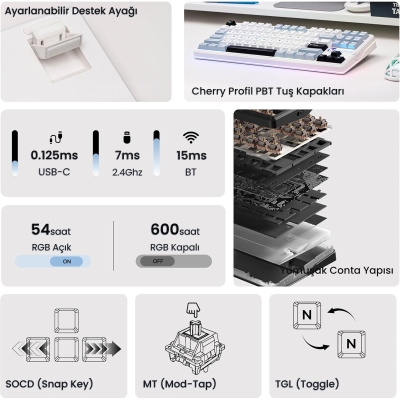 Aula F87 PRO V2 Mekanik RGB TKL Star Vector Switch Kablosuz Makrolu Hot Swap Klavye Lacivert - 3
