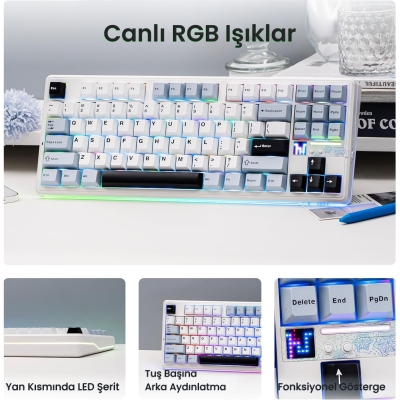 Aula F87 PRO V2 Mekanik RGB TKL Star Vector Switch Kablosuz Makrolu Hot Swap Klavye Lacivert - 4