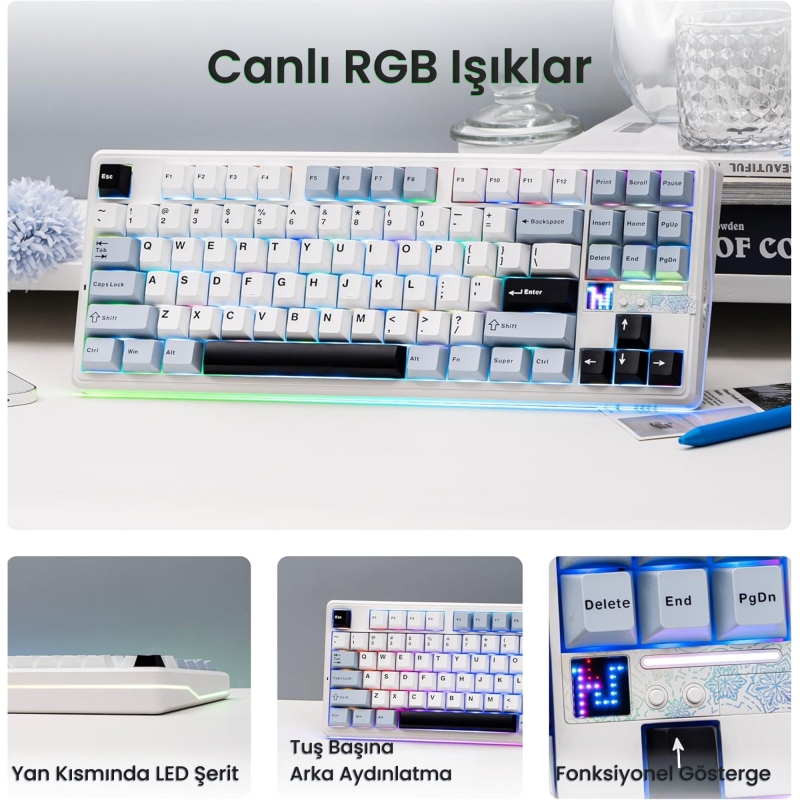 Aula F87 PRO V2 Mekanik RGB TKL Star Vector Switch Kablosuz Makrolu Hot Swap Klavye Lacivert - 4