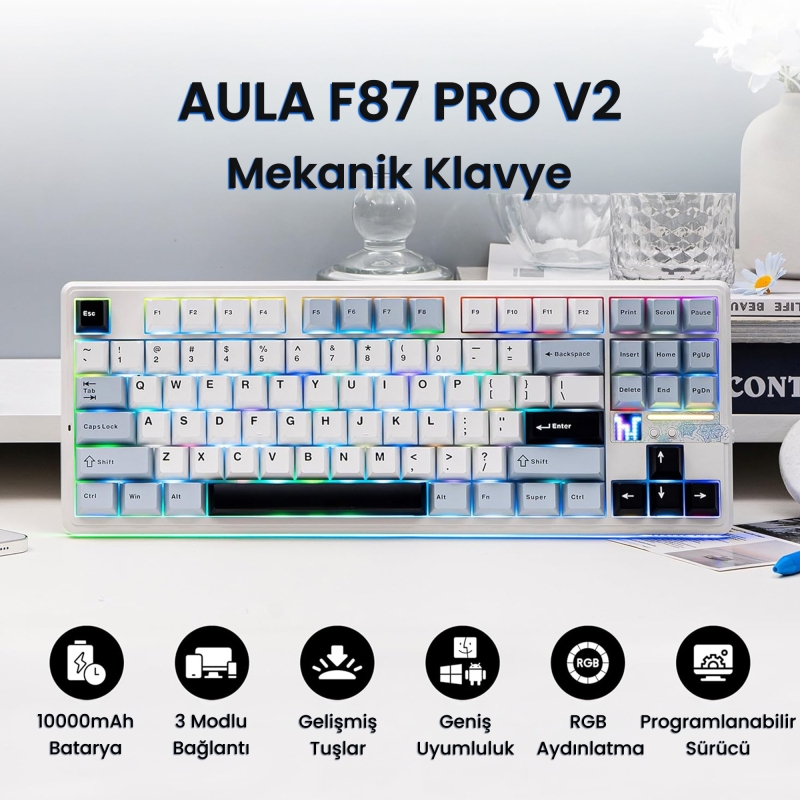 Aula F87 PRO V2 Mekanik RGB TKL Star Vector Switch Kablosuz Makrolu Hot Swap Klavye Lacivert - 2