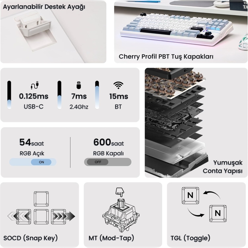 Aula F87 PRO V2 Mekanik RGB TKL Star Vector Switch Kablosuz Makrolu Hot Swap Klavye Lacivert - 3