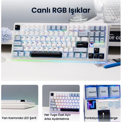 Aula F87 PRO V2 Mekanik RGB TKL Star Vector Switch Kablosuz Makrolu Hot Swap Klavye Lacivert - 4