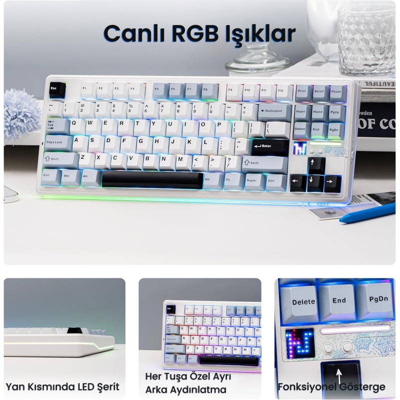 Aula F87 PRO V2 Mekanik RGB TKL Star Vector Switch Kablosuz Makrolu Hot Swap Klavye Lacivert - 4