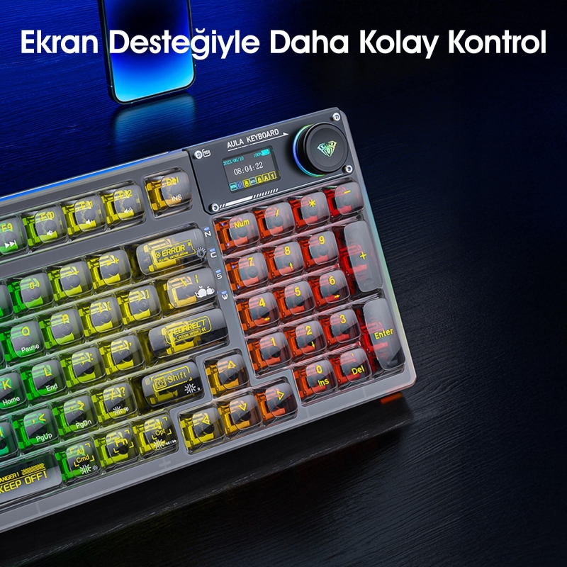 Aula F98 Pro OLED Ekranlı Makrolu Kablosuz RGB Hot-Swap Gasket Pre-Lubed Switch Mekanik Klavye - 8