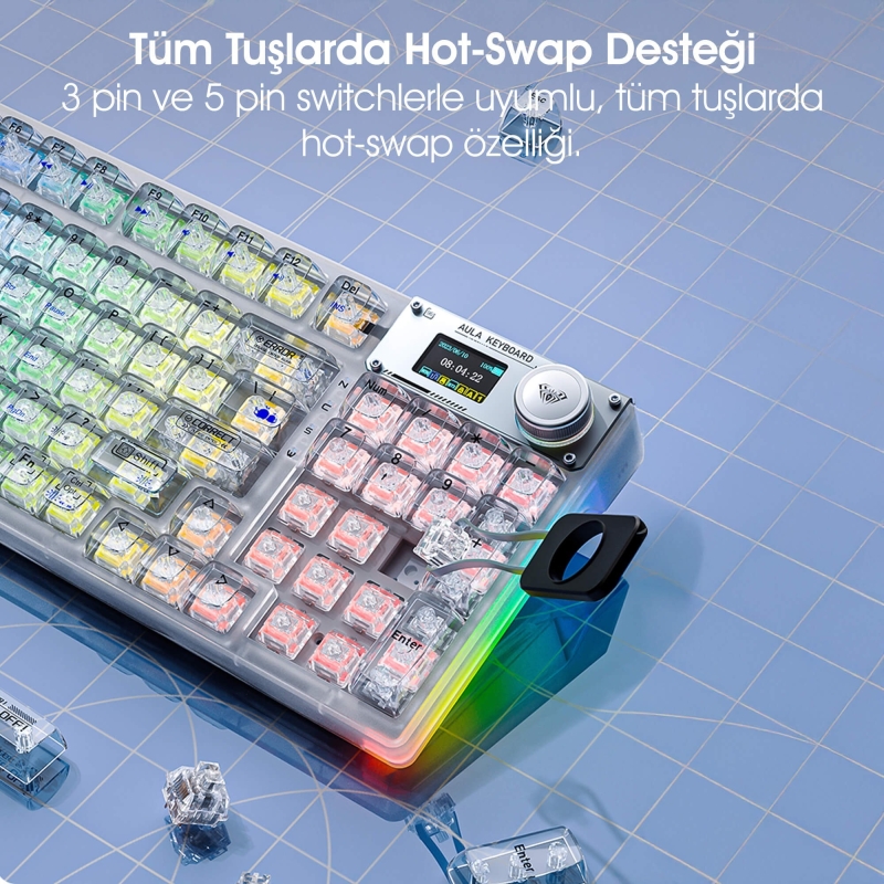 Aula F98 Pro OLED Ekranlı Makrolu Kablosuz RGB Hot-Swap Gasket Pre-Lubed Switch Mekanik Klavye - 5