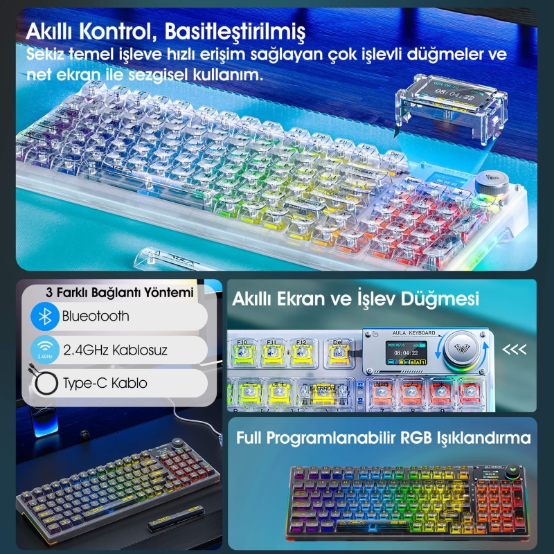 Aula F98 Pro OLED Ekranlı Makrolu Kablosuz RGB Hot-Swap Gasket Pre-Lubed Switch Mekanik Klavye - 4
