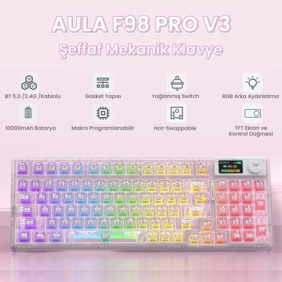 Aula F98 Pro V3 OLED Ekranlı Crystal Switch Makrolu Kablosuz RGB Hot-Swap Gasket Pre-Lubed Switch Mekanik Klavye Şeffaf Pembe - 2