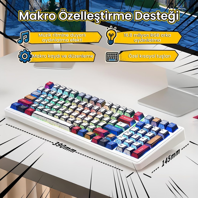 Aula F99 3 Modlu RGB Hot Swap Mekanik GrayWood V3 Switch Kablosuz Makrolu Klavye Comic - 6