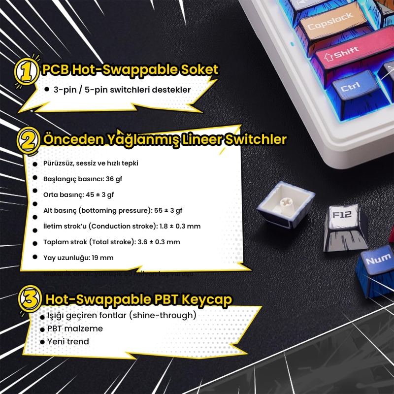 Aula F99 3 Modlu RGB Hot Swap Mekanik GrayWood V3 Switch Kablosuz Makrolu Klavye Comic - 8