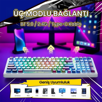 Aula F99 3 Modlu RGB Hot Swap Mekanik GrayWood V3 Switch Kablosuz Makrolu Klavye Comic - 3