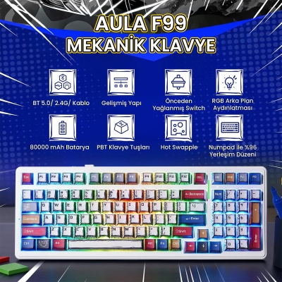 Aula F99 3 Modlu RGB Hot Swap Mekanik GrayWood V3 Switch Kablosuz Makrolu Klavye Comic - 2