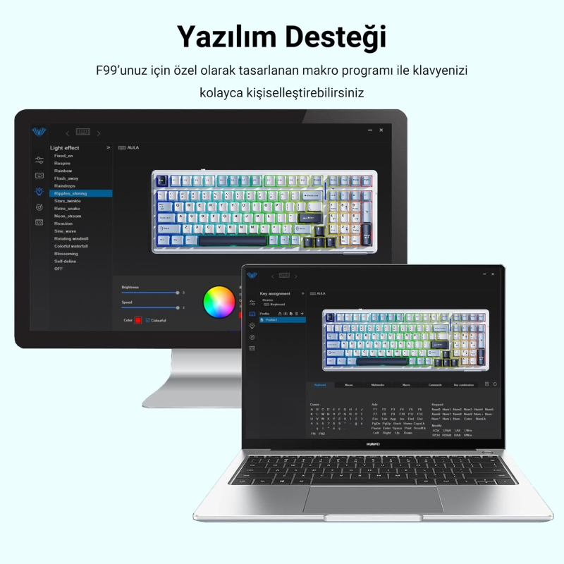 Aula F99 3 Modlu RGB Hot Swap Mekanik Linear GrayWood V3 Switch Kablosuz Makrolu Klavye Gri - 3