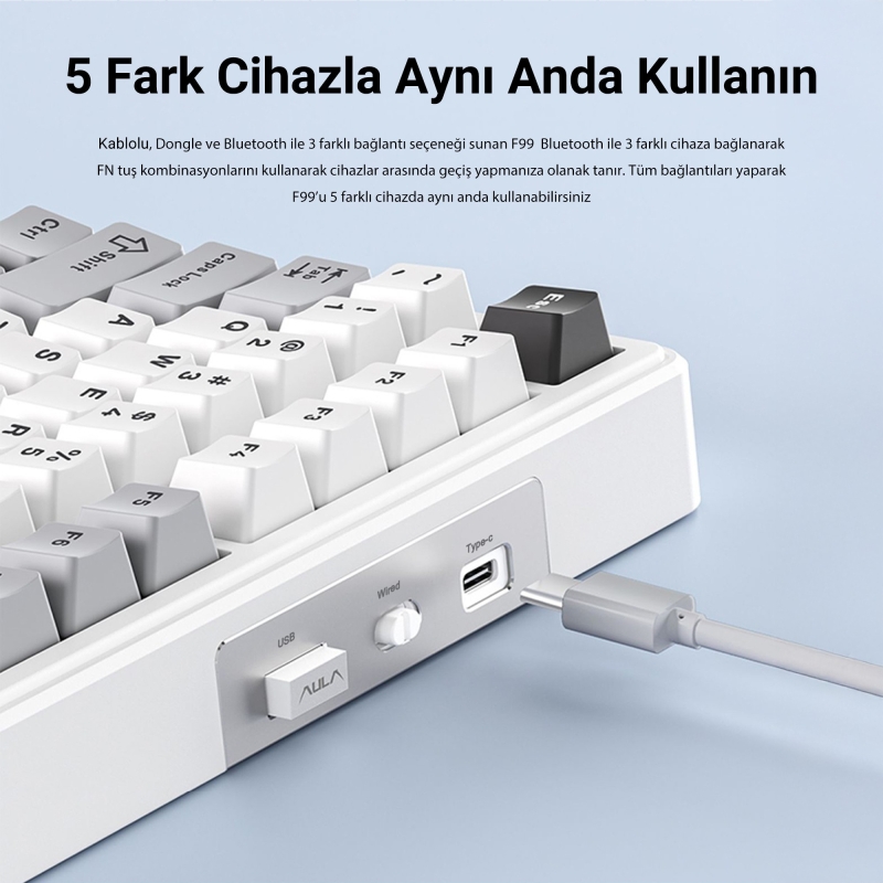 Aula F99 3 Modlu RGB Hot Swap Mekanik Linear GrayWood V3 Switch Kablosuz Makrolu Klavye Lila - 3