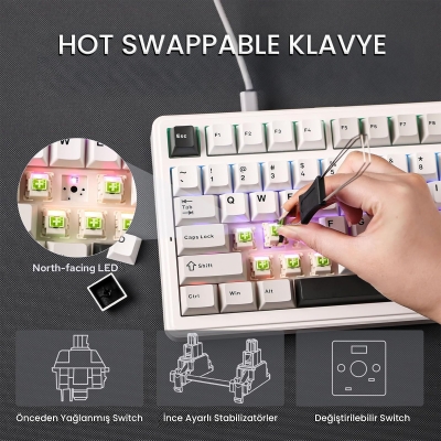 Aula F99 3 Modlu RGB Hot Swap Mekanik Reaper Switch Kablosuz Makrolu Klavye Gri - 3