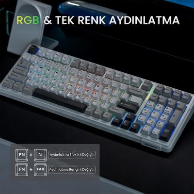 Aula F99 3 Modlu RGB Hot Swap Mekanik Reaper Switch Kablosuz Makrolu Klavye Gri - 4