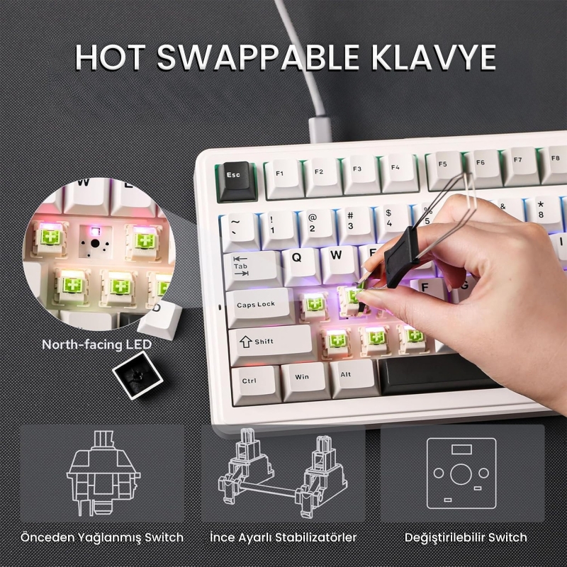 Aula F99 3 Modlu RGB Hot Swap Mekanik Reaper Switch Kablosuz Makrolu Klavye Gri - 3