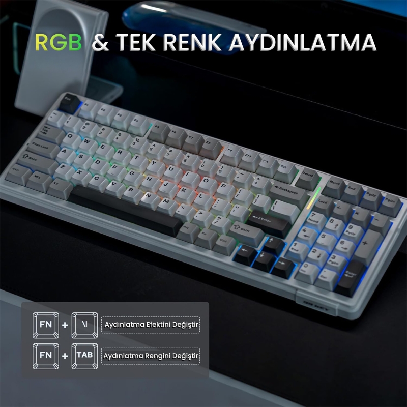 Aula F99 3 Modlu RGB Hot Swap Mekanik Reaper Switch Kablosuz Makrolu Klavye Gri - 4