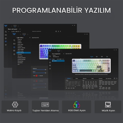 Aula F99 3 Modlu RGB Hot Swap Mekanik Reaper Switch Kablosuz Makrolu Klavye Gri - 5