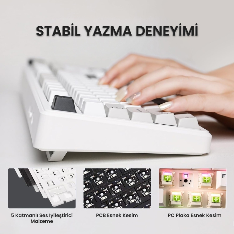 Aula F99 3 Modlu RGB Hot Swap Mekanik Reaper Switch Kablosuz Makrolu Klavye Gri - 8