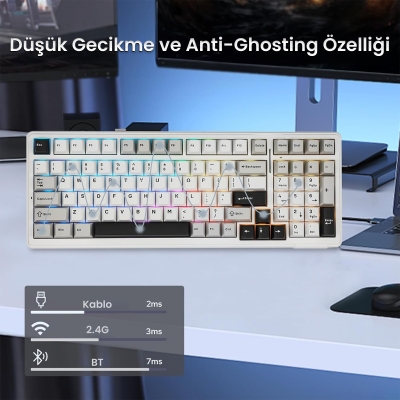 Aula F99 3 Modlu RGB Hot Swap Mekanik Reaper Switch Kablosuz Makrolu Klavye Gri - 6