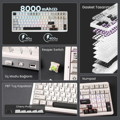 Aula F99 3 Modlu RGB Hot Swap Mekanik Reaper Switch Kablosuz Makrolu Klavye Gri - 2