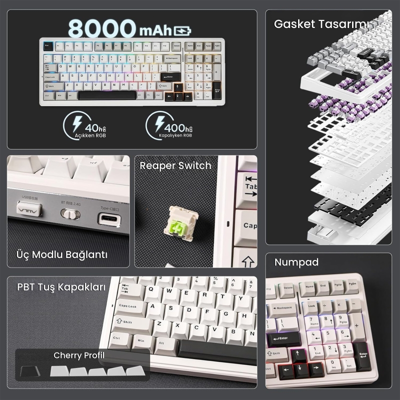 Aula F99 3 Modlu RGB Hot Swap Mekanik Reaper Switch Kablosuz Makrolu Klavye Gri - 2