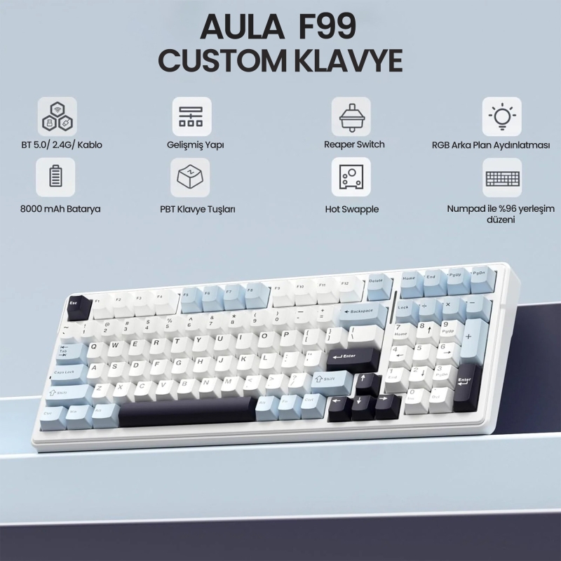 Aula F99 3 Modlu RGB Hot Swap Mekanik Reaper Switch Kablosuz Makrolu Klavye Lacivert - 3
