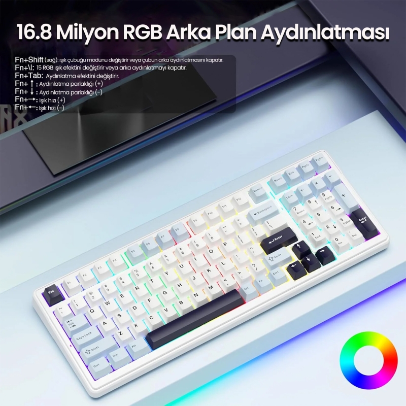 Aula F99 3 Modlu RGB Hot Swap Mekanik Reaper Switch Kablosuz Makrolu Klavye Lacivert - 8