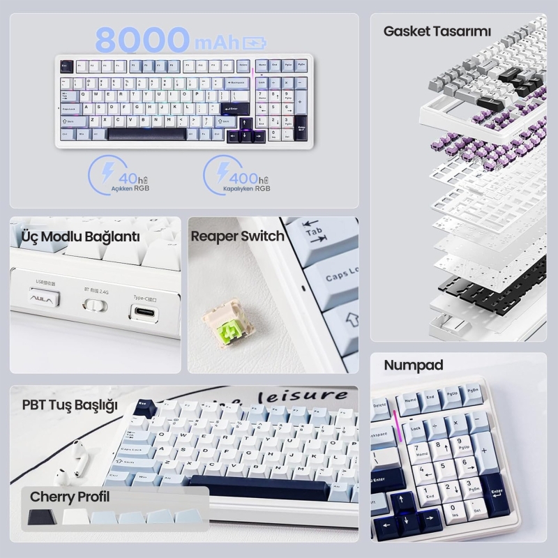 Aula F99 3 Modlu RGB Hot Swap Mekanik Reaper Switch Kablosuz Makrolu Klavye Lacivert - 3