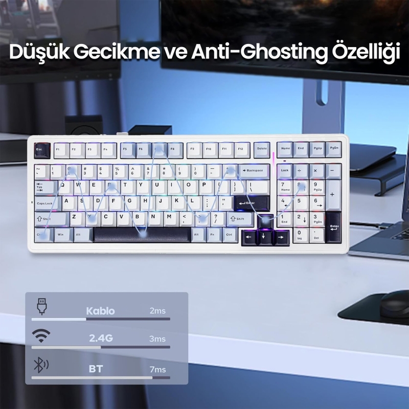 Aula F99 3 Modlu RGB Hot Swap Mekanik Reaper Switch Kablosuz Makrolu Klavye Lacivert - 6