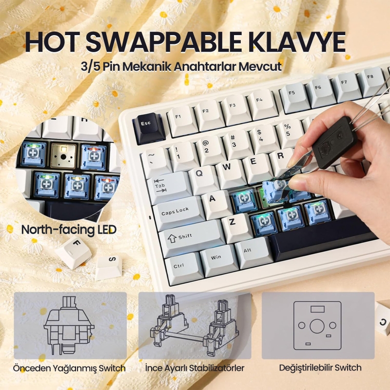 Aula F99 3 Modlu RGB Hot Swap Mekanik Reaper Switch Kablosuz Makrolu Klavye Lacivert - 8