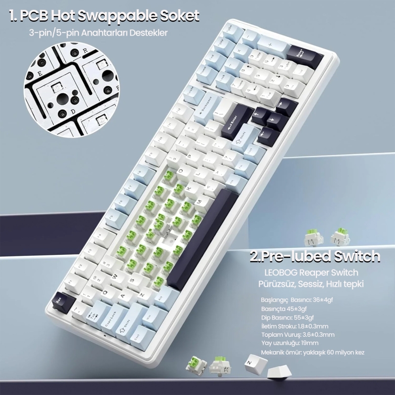 Aula F99 3 Modlu RGB Hot Swap Mekanik Reaper Switch Kablosuz Makrolu Klavye Lacivert - 5