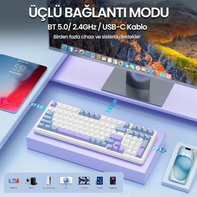 Aula F99 3 Modlu RGB Hot Swap Mekanik Reaper Switch Kablosuz Makrolu Klavye Mavi - 3