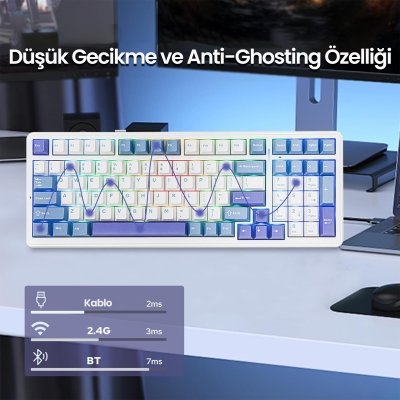 Aula F99 3 Modlu RGB Hot Swap Mekanik Reaper Switch Kablosuz Makrolu Klavye Mavi - 6