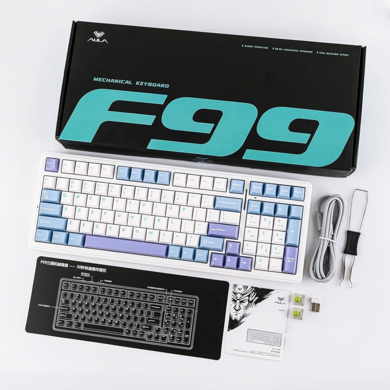 Aula F99 3 Modlu RGB Hot Swap Mekanik Reaper Switch Kablosuz Makrolu Klavye Mavi - 11